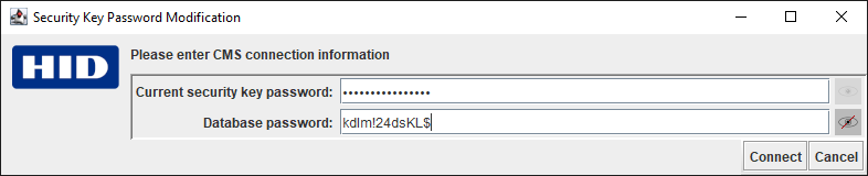 HID Security Key Password Modification dialog box with the Current security key password already entered and the Database password displayed while being entered